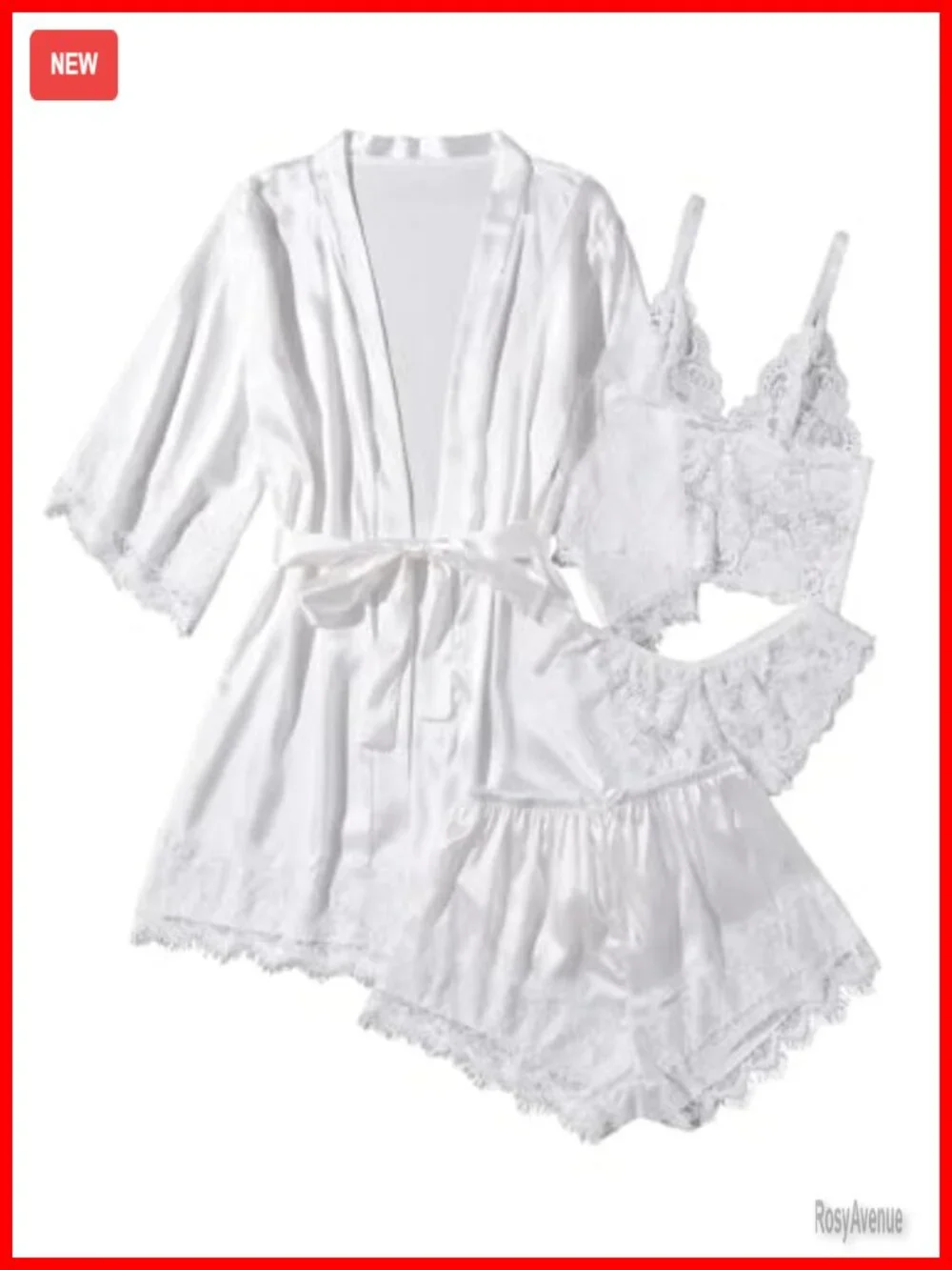 4-Piece Silk Satin Pajama Set with Robe Lace Cami